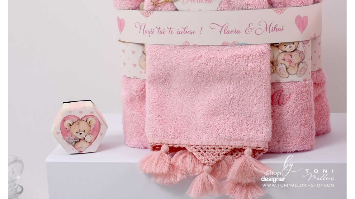 Trusou de botez cu ursuleti roz si inimioare Teddy Bear Pink Hearts 5